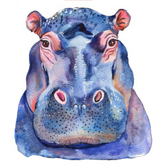 Watercolor realistic hippopotamus face on a white background. Print for postcard, mug, baseball cap, notepad, notebook