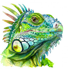 Watercolor realistic iguana face on a white background. Print for postcard, mug, baseball cap, notepad, notebook