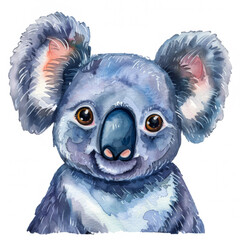 Watercolor realistic koala face on a white background. Print for postcard, mug, baseball cap, notepad, notebook