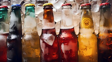 Close-up of an ice-cold beer bottle with condensation, surrounded by an assortment of alcoholic beverages, perfect for personalized messages.