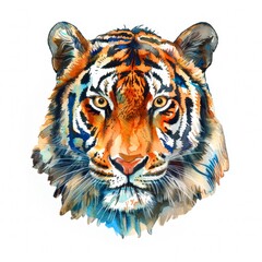 Watercolor realistic tiger face on a white background. Print for postcard, mug, baseball cap, notepad, notebook