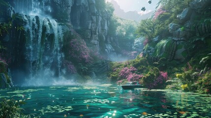 Waterfall images, waterfall in the park, colorful flowers, rivers and spring background, flying robotic birds, mountain waterfall images, futuristic water fall, 