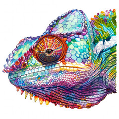 Watercolor realistic chameleon face on a white background. Print for postcard, mug, baseball cap, notepad, notebook