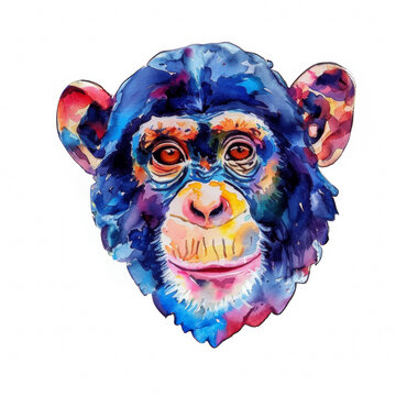 Watercolor realistic chimpanzee, monkey face on a white background. Print for postcard, mug, baseball cap, notepad, notebook