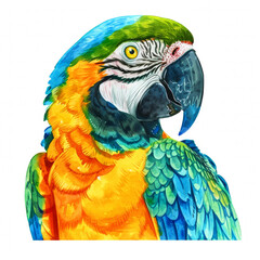 Watercolor realistic macaw parrot, Ara, ararauna face on a white background. Print for postcard, mug, baseball cap, notepad, notebook