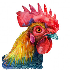 Watercolor realistic rooster face on a white background. Print for postcard, mug, baseball cap, notepad, notebook