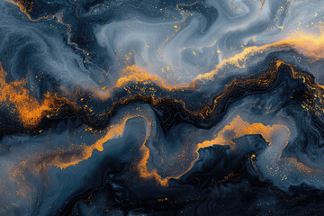 A dark blue and gold marble pattern with golden veins, resembling flowing watercolors, covers the entire background. Created with Ai