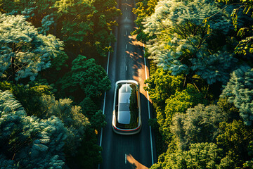 EV car, Electric energy battery charge vehicle with earth care sustainable development concept. Aerial view of modern futuristic ev car on a narrow road through green tree forest with warm sunlight.