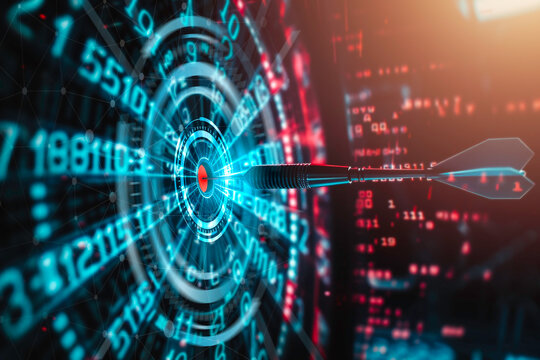 Digital marketing tarket, business technology concepts. Close-up focus of dart hit on red center of glowing abstract digital dart board with data and information and code number on dark background.