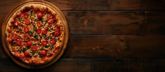 Fresh and tasty pizza presented on a wooden surface