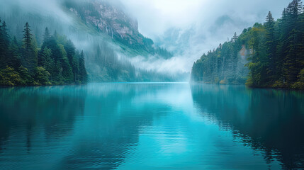 Beautiful mountain lake with fog and reflection, turquoise water, high resolution. Created with Ai