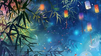 Tanabata, star festival, Japanese festival, Chinese Qixi festival, July 7, shining lanterns background, 16:9