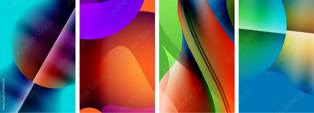 Poster a symmetrical collage of colorful abstract paintings featuring tints and shades of orange, magenta, 