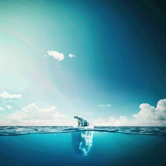AI generated image, Half underwater shot, a polar bear sitting on a small Iceberg in the ocean, environment concept