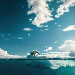 AI generated image, Half underwater shot, a polar bear sitting on a small Iceberg in the ocean, environment concept