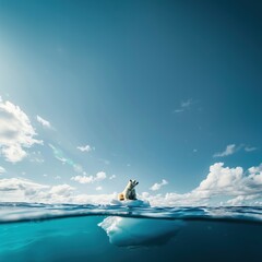 AI generated image, Half underwater shot, a polar bear sitting on a small Iceberg in the ocean, environment concept