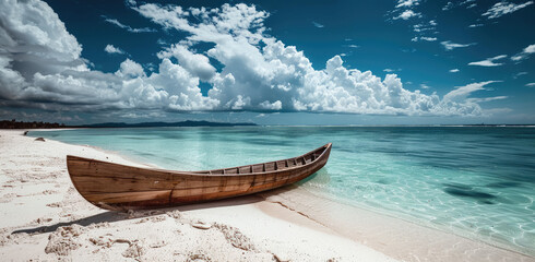 A wooden boat sits on the white sandy beach of an exotic island, overlooking crystal clear...
