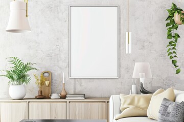 Scandinavian style living room with poster mockup created with generative ai