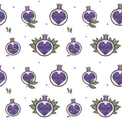 Violet fairy pomegranates seamless vector pattern with cute hand drawn pomegranate fruits sketch symbols