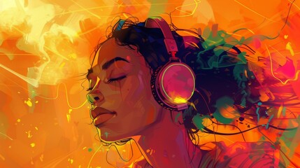 Animated music enthusiast in headphones enveloped in a colorful aura