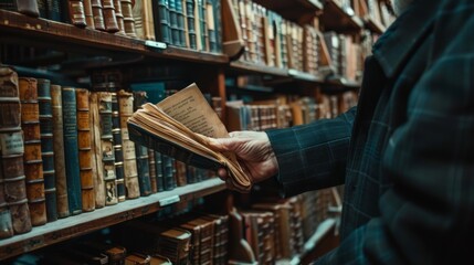 Scholar Browsing Antique Books in Library