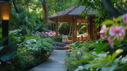 A sweeping shot of a massage spas outdoor patio surrounded by lush trees and blooming flowers. Customers can enjoy serene massages in the open air surrounded by the soothing sounds .