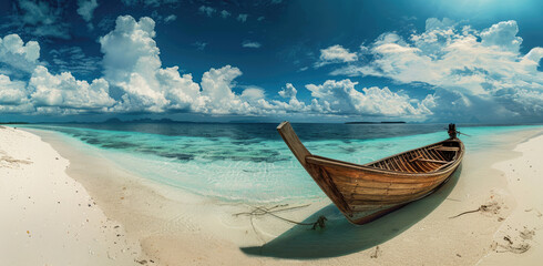 Fototapeta na wymiar A wooden boat sits on the white sandy beach of an exotic island, overlooking crystal clear turquoise waters and a blue sky with fluffy clouds