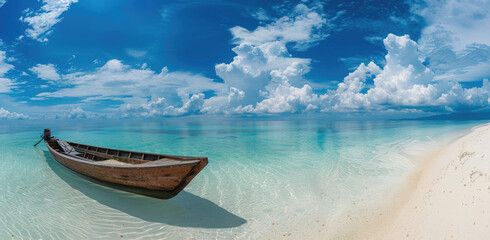 Fototapeta na wymiar A wooden boat sits on the white sandy beach of an exotic island, overlooking crystal clear turquoise waters and a blue sky with fluffy clouds