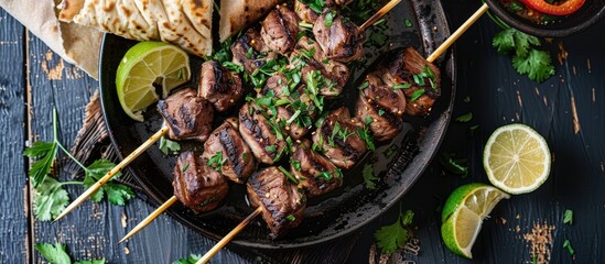 Skewered meat with herbs, lime, and pita bread.