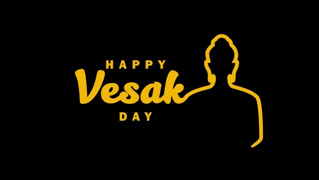 Happy Vesak Day Animation Text in yellow color. Handwriting with illustration of Buddha to celebrating Vesak. 4k Footage Video Alpha Channel