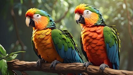 pair of parrots sitting on a branch generated AI