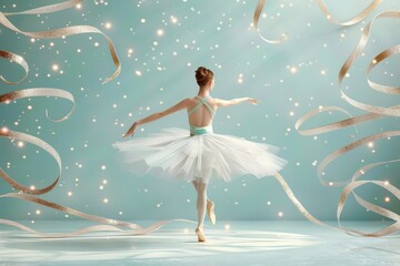 A young girl in a white tutu is dancing in front of a backdrop of gold