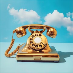 Vintage golden telephone arrangement on sky blue background
