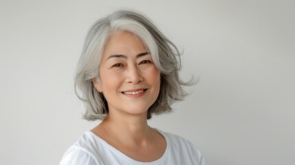 Fototapeta premium A beautiful mature Asian woman with silver hair and a white t-shirt smiles at the camera.