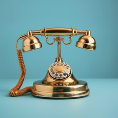 Vintage golden telephone arrangement on sky blue background
