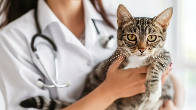 Animal's Doctor Veterinarian with cat on hands, conducts a medical examination, first aid and appointment in a veterinary clinic. Veterinery consultation, vet care and help, medical diagnosis