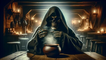 A skeleton in a black cloak is sitting at a table in a dark tavern, stirring a pot of soup. - obrazy, fototapety, plakaty