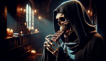 A skeleton grim reaper eating a chocolate bar in a dark library - obrazy, fototapety, plakaty