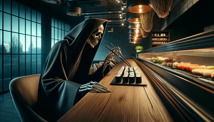 The Grim Reaper sits at a sushi bar, wearing a black robe and hood. He is eating a plate of sushi with chopsticks. - obrazy, fototapety, plakaty