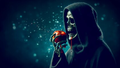 A skeleton grim reaper holding a blood dripping apple in front of a dark blue background with sparkles. - obrazy, fototapety, plakaty