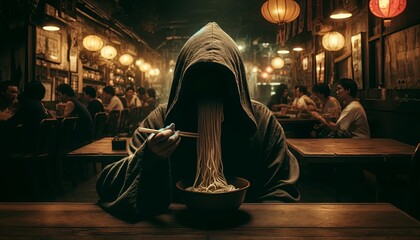A dark figure in a cloak sits in a restaurant, eating a bowl of noodles with chopsticks. The figure is wearing a hood that obscures its face. The restaurant is crowded, but the figure seems to be alon - obrazy, fototapety, plakaty