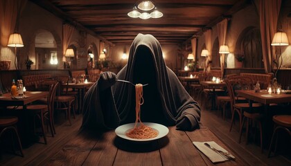 Grim reaper eating spaghetti in a fancy restaurant