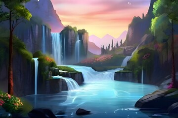 Waterfall landscape with magical sparkling lights. Fantastic fairy tale background, digital art. Illustration of a mountain dawn landscape with waterfalls. Generative AI