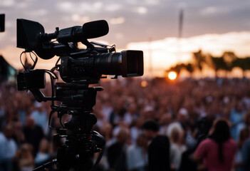 outdoor camera stage event video concert sunset professional production covering shooting show silhouette sport recording people person photographer - obrazy, fototapety, plakaty