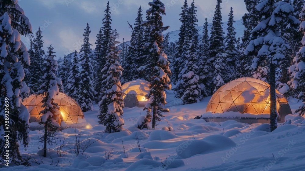 Poster snowcovered trees surround the aurora domes creating a serene and tranquil environment for a peacefu