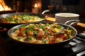 fabulous plate of green salad with tomato and minced chicken, background with candle lights and fireplace