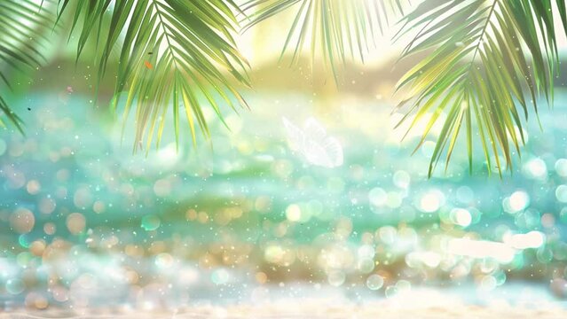 tropical beach background. blur beautiful nature green palm leaf. seamless looping overlay 4k virtual video animation background
