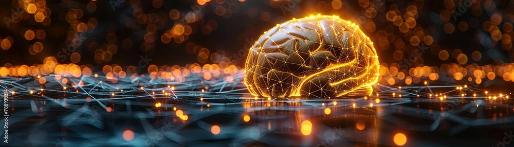 Poster a glowing mesh of neural networks on a gleaming golden brain, visualizing the intersection of artifi