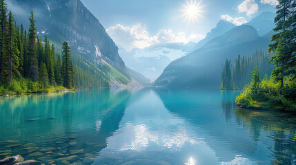 A stunning photograph of the serene turquoise waters reflecting sunlight in Lake Canada. Created with Ai