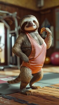 Retro 3D sloth in 80s styled aerobics outfit, energetically stepping on an oldschool gym field with vintage sports equipment , unique hyper realistic
